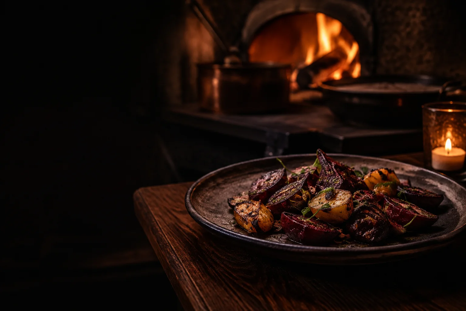 Fire-roasted vegetables beside a glowing hearth