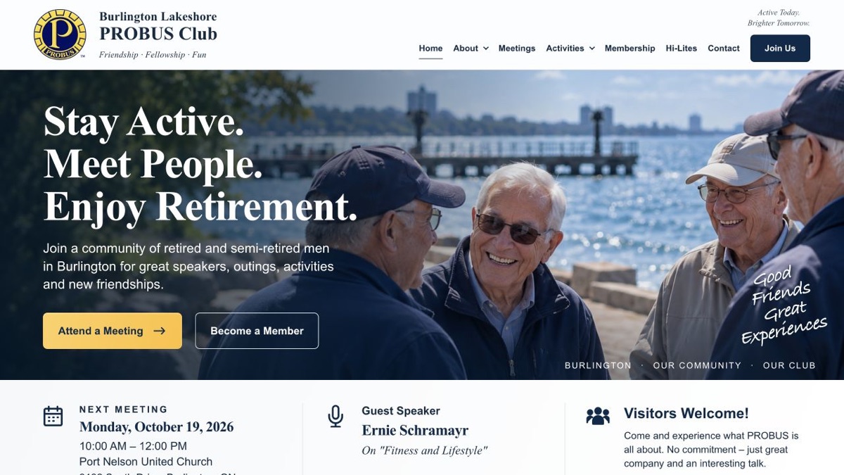 Burlington Lakeshore Probus homepage with the club logo, lakeshore photograph, and Stay Active, Meet People, Enjoy Retirement headline