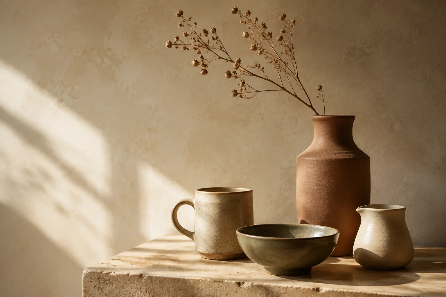 Handcrafted pottery in a warm studio setting