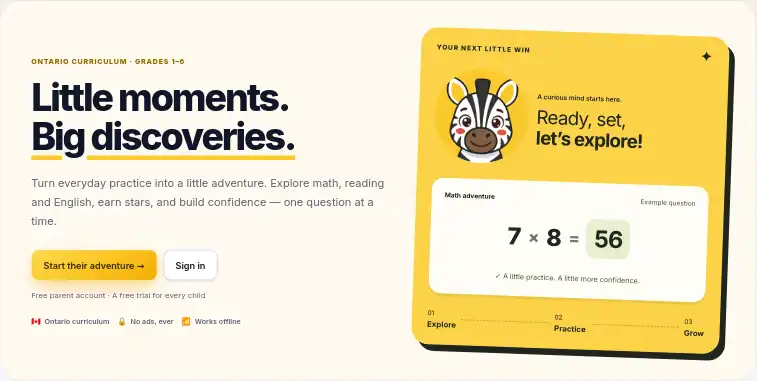 Current Zebbly design with a zebra guide and a sample math question